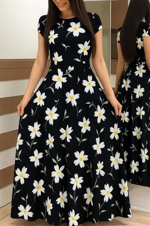 Kadın Kısa Kollu Bisiklet Yaka Puantiyeli Maksi örme Krep Elbise