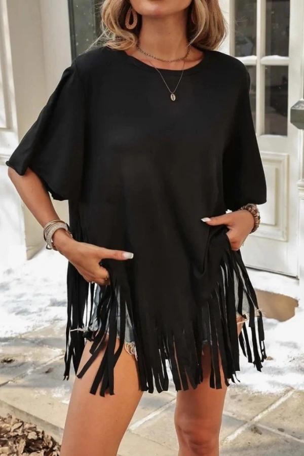 Kadın Kısa Kollu Bisiklet Yaka Püsküllü Viskon Bluz