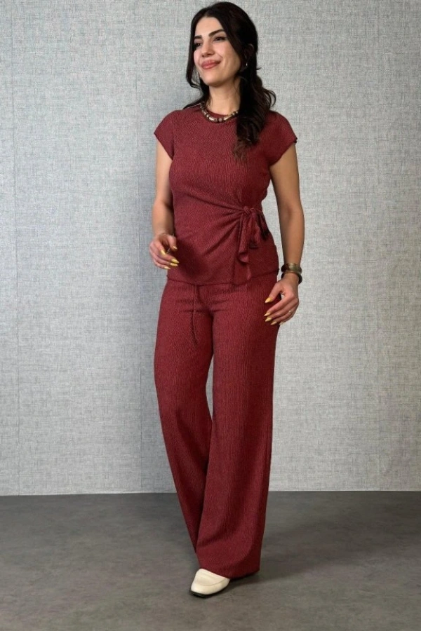 Kadın Kısa Kollu Bisiklet Yaka Yandan Bağlamalı Bürümcük Bluz Ve Pantolon Ikili Takım