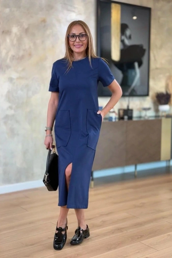 Kadın Kısa Kollu Bisiklet Yakalı Cepli önden Yırtmaçlı Viskon Iki Iplik Midi Elbise