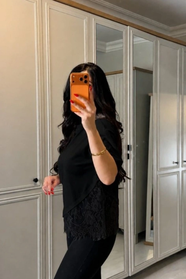 Kadın Kısa Kollu Bisiklet Yakalı Dantel Detaylı Viskon Iki Iplik Bluz