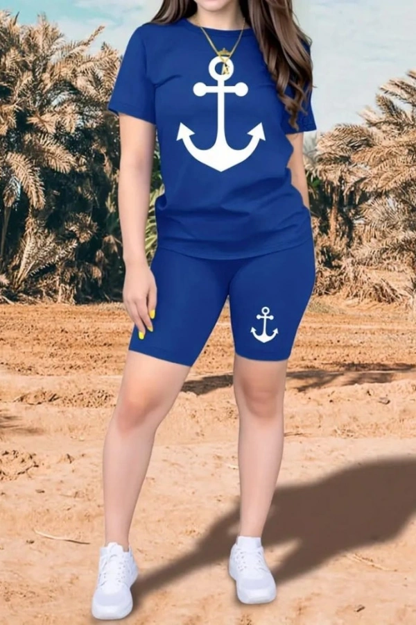 Kadın Kısa Kollu çapa Baskılı Viskon Ikili Takım