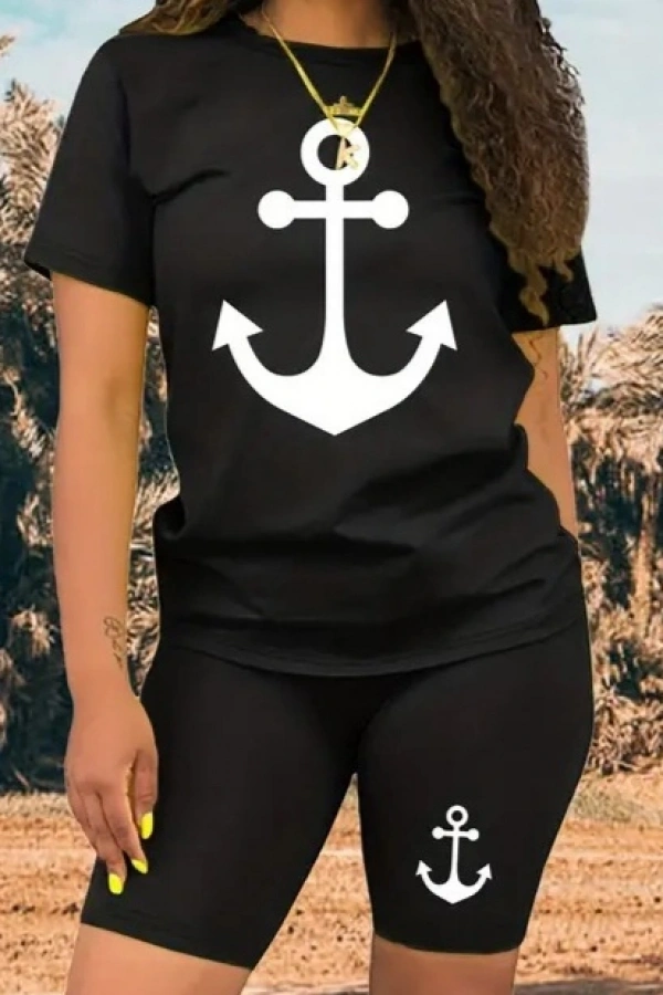 Kadın Kısa Kollu çapa Baskılı Viskon Ikili Takım