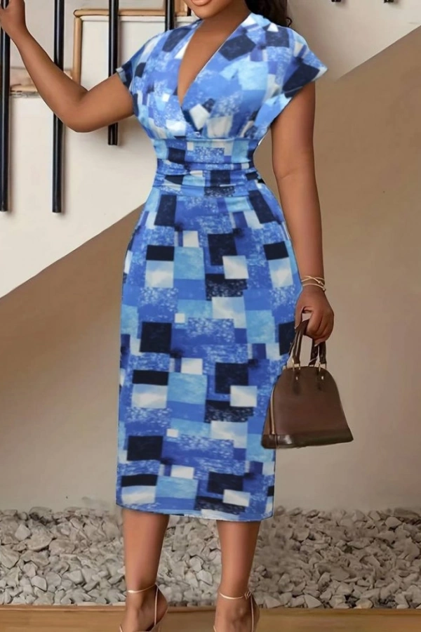 Kadın Kısa Kollu Derin V Yaka Dalgıç Midi Elbise