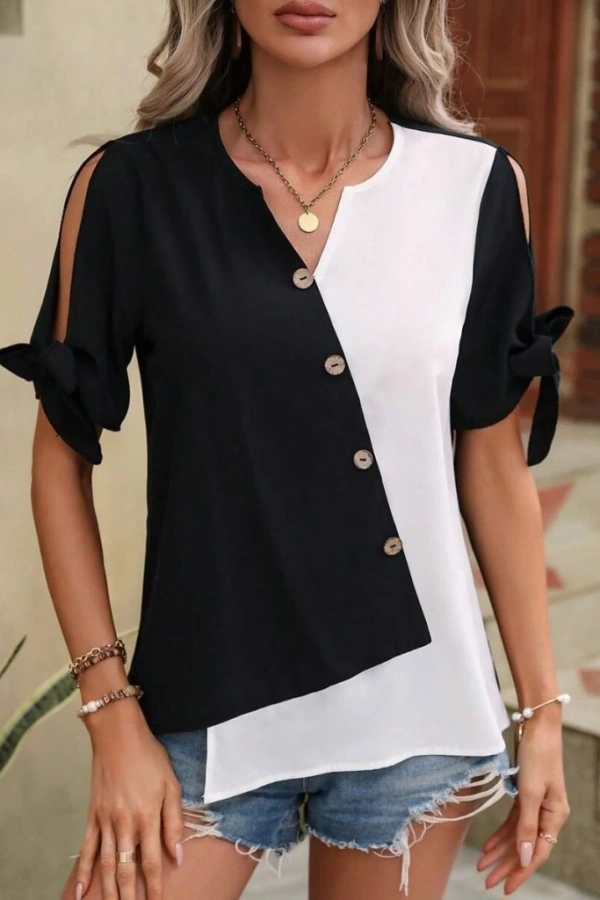 Kadın Kısa Kollu Kollardan Bağlamalı önden Asimetrik Kesim çift Renk Detaylı Düğmeli Ithal Krep Bluz