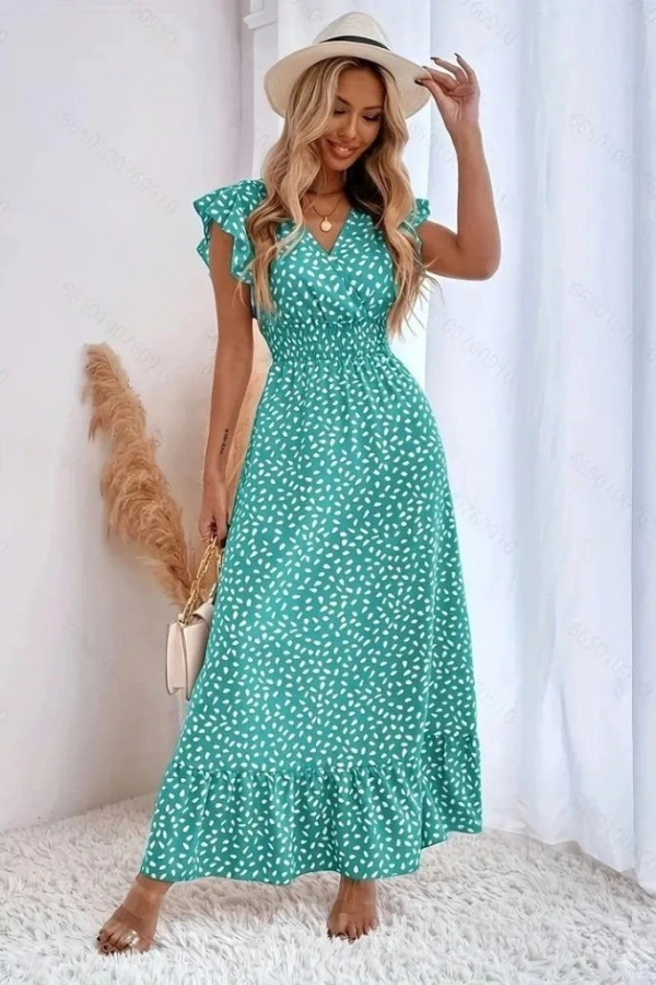 Kadın Kısa Kollu Kruvaze Yaka Beli Lastikli çiçek Desenli Elbise