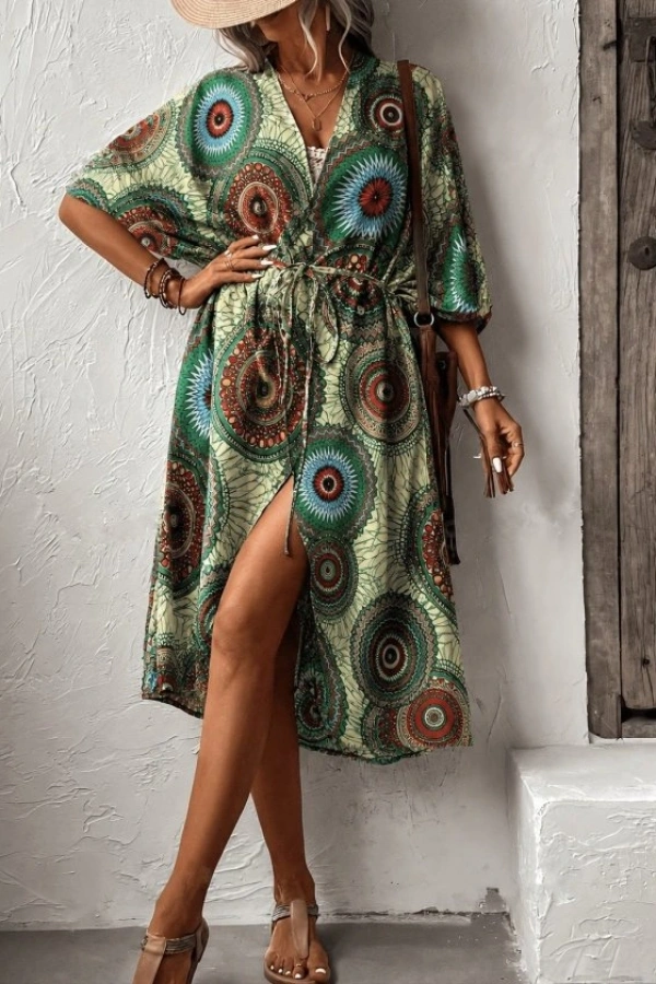 Kadın Kısa Kollu önü Açık Belden Kuşaklı Uzun Kimono