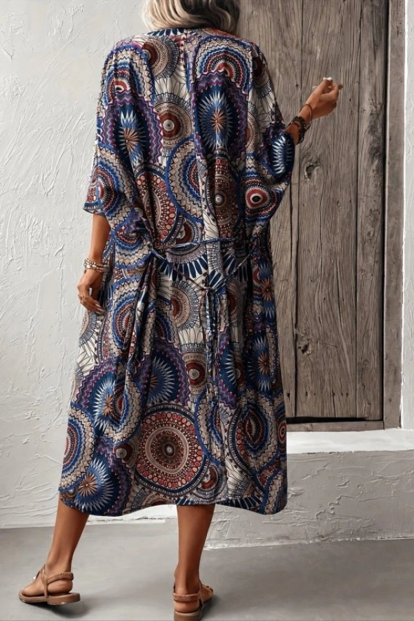 Kadın Kısa Kollu önü Açık Belden Kuşaklı Uzun Kimono