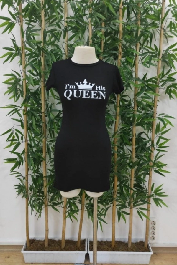 Kadın Kısa Kollu Queen Baskı Iki Iplik Mini Elbise