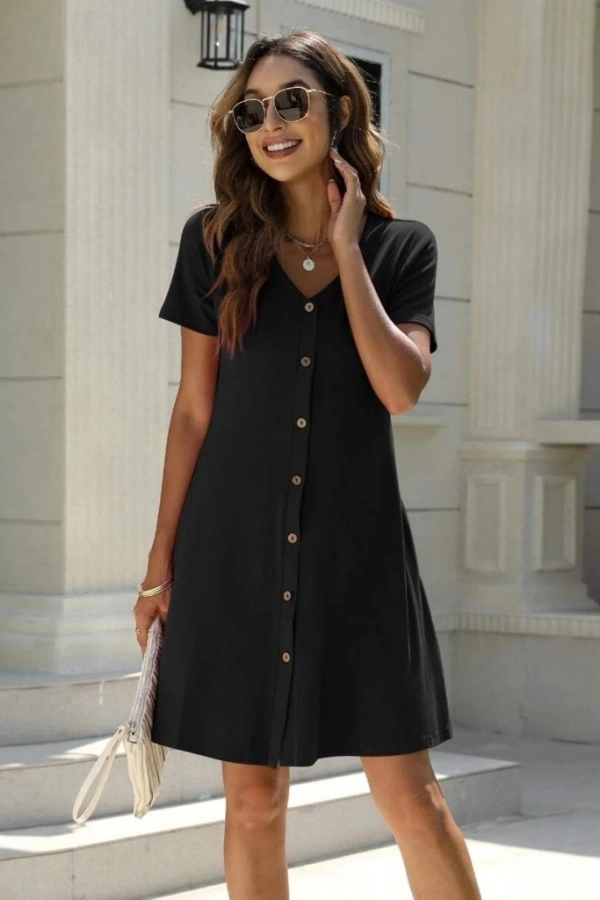 Kadın Kısa Kollu V Yaka önü Düğmeli Viskon Elbise