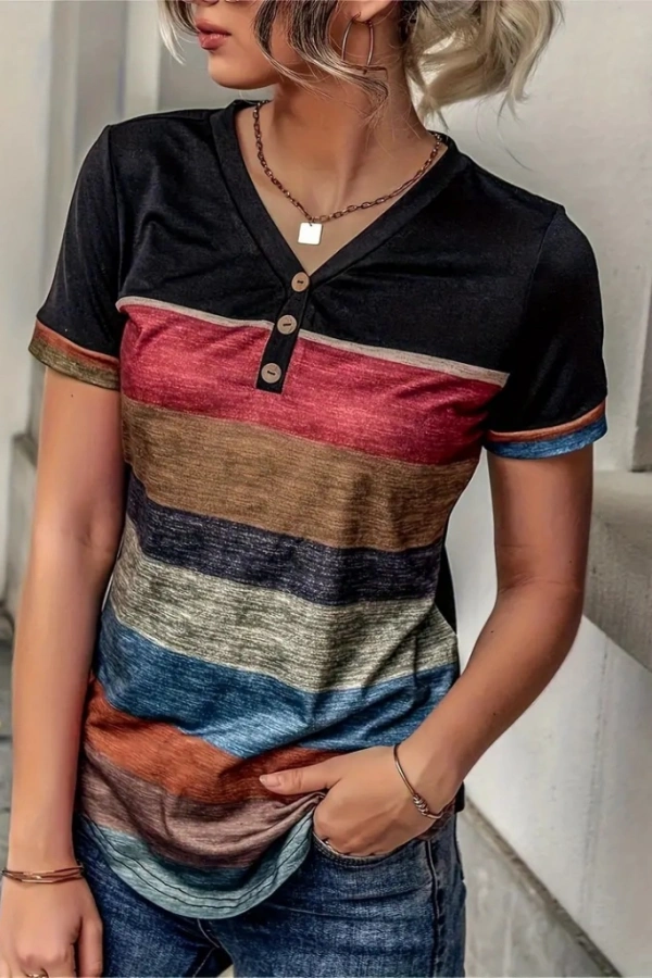 Kadın Kısa Kollu V Yakalı Düğmeli çok Renkli Süprem Bluz