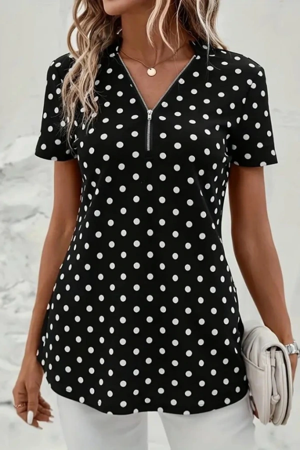 Kadın Kısa Kollu Yakadan Fermuarlı Puantiyeli Uzun Dokuma Viskon Bluz