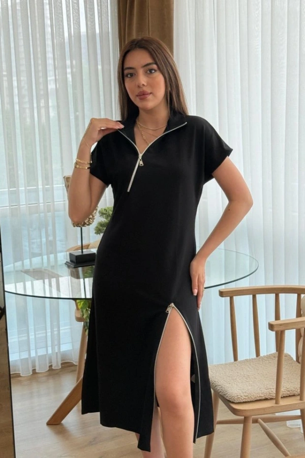 Kadın Kısa Kollu Yakadan Ve Etekten Fermuarlı Midi Viskon Iki Iplik Elbise