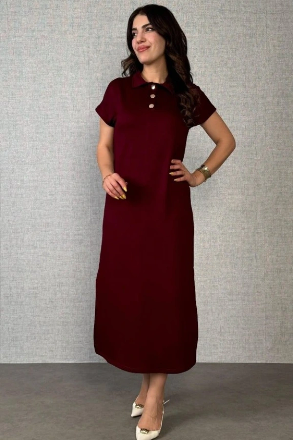 Kadın Kısa Kollu Yakalı Yandan Yırtmaçlı Viskon Iki Iplik Elbise