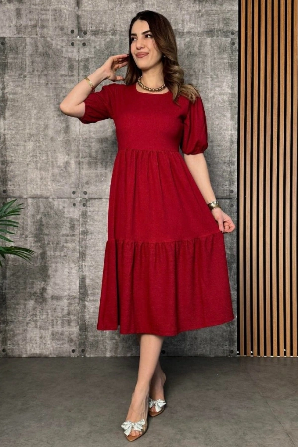 Kadın Kısa Kollu Yakası Açık Katlı Bürümcük Balon Elbise