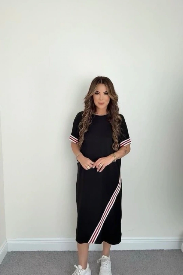 Kadın Kol Ve Etek şerit Detaylı Midi Boy Elbise