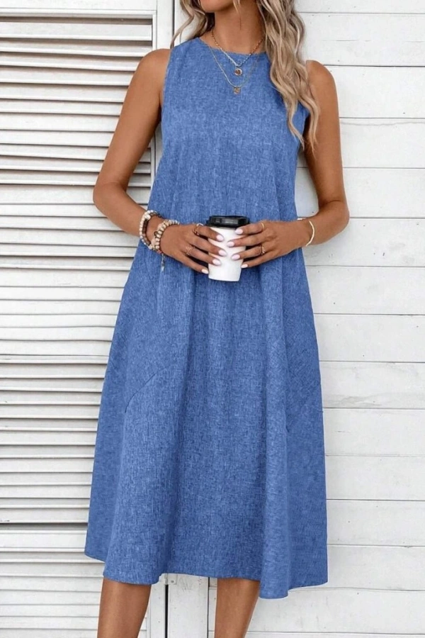 Kadın Kolsuz Bisiklet Yaka Cepli Midi Keten Elbise