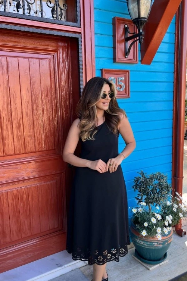 Kadın Kolsuz Etek Ucu Lazer Kesim çiçek Desenli Midi Boy Janjan Krep Elbise