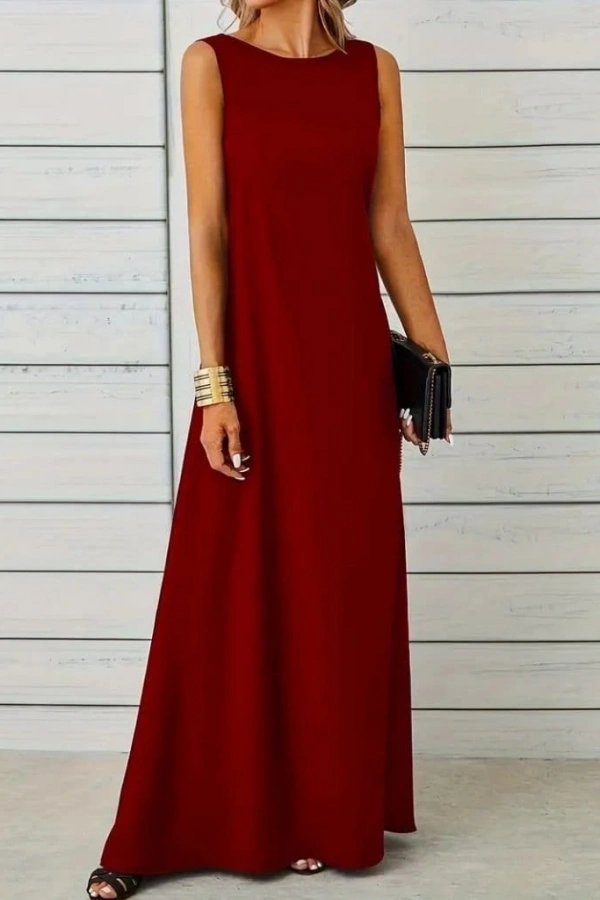 Kadın Kolsuz Kayık Yaka Maksi Janjan Krep Elbise
