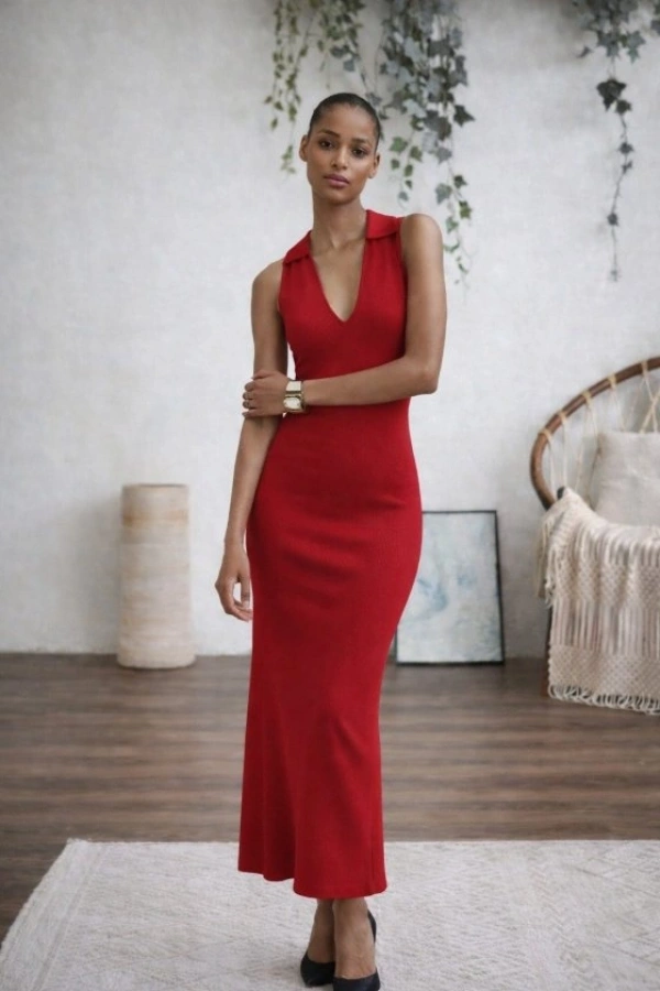 Kadın Kolsuz V Yakalı Uzun Triko Elbise