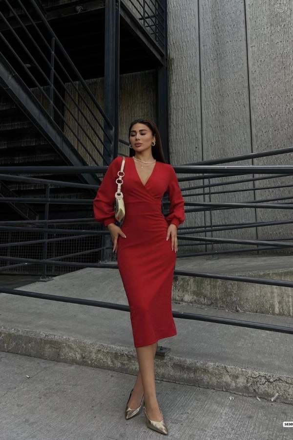 Kadın Kruvaze Yaka Balon Kol Simli Krep Kumaş Midi Boy Elbise