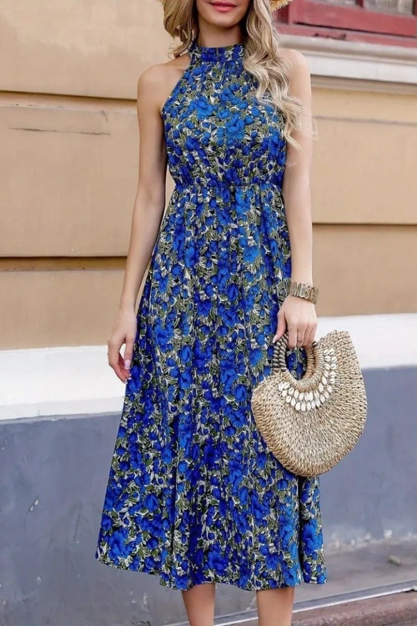 Kadın Omuz Dekolteli Halter Yaka Desenli Maxi Süprem Elbise