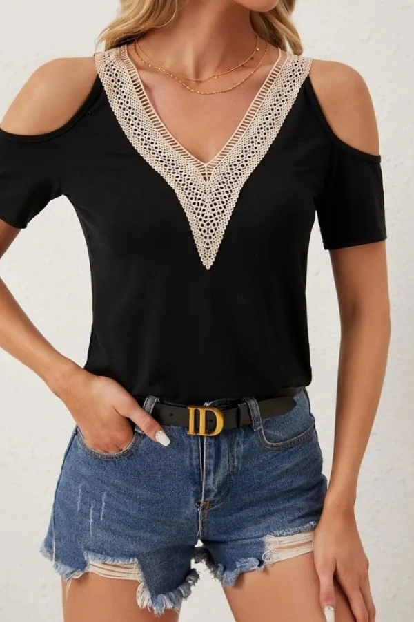 Kadın Omuzlardan Açık V Yakalı Viskon Bluz