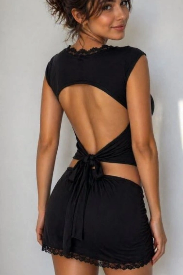 Kadın ön Arka Dantel Detay Kuşaklı Bluz