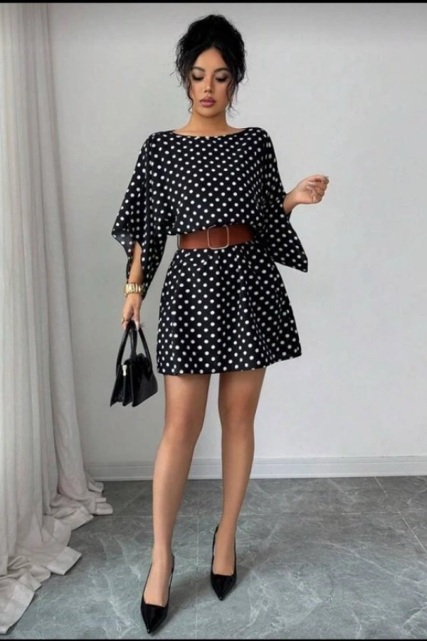 Kadın Puantiyeli örme Krep Mini Elbise (kemersiz)