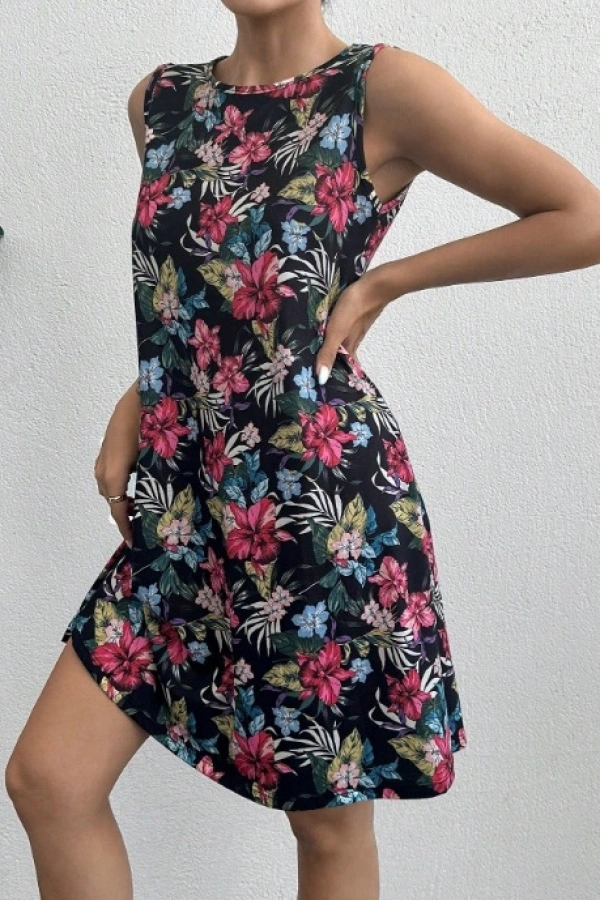 Kadın Renkli çiçek Baskılı Süprem Elbise