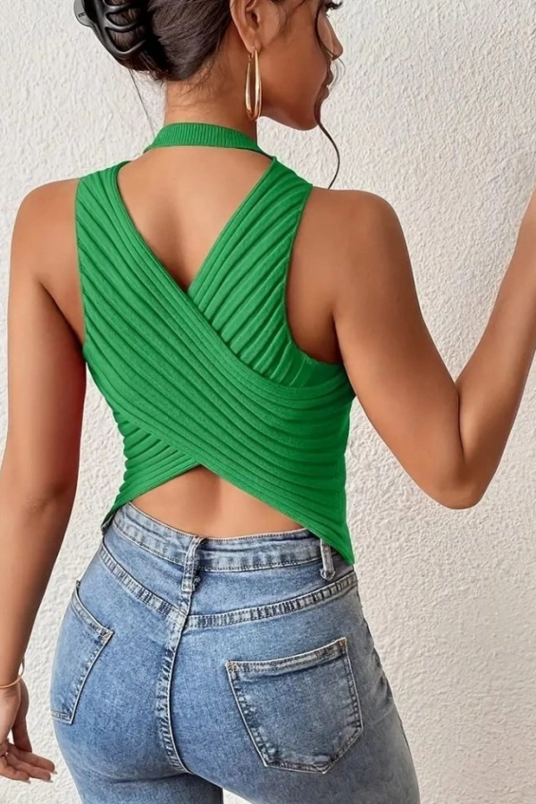 Kadın Sıfır Kol Sırt çapraz Detay Triko Bluz