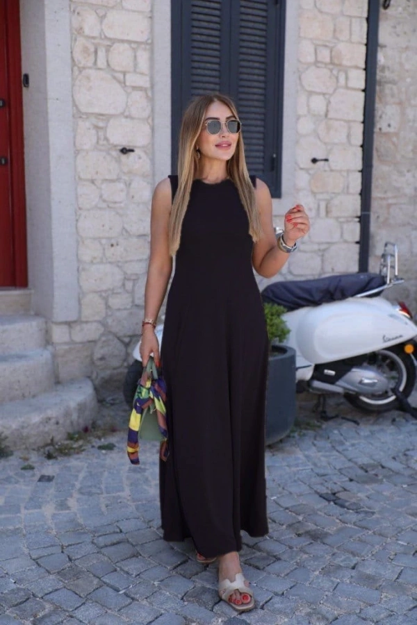 Kadın Sıfır Kollu Bisiklet Yaka Viskon Elbise