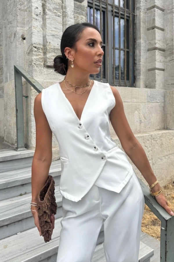 Kadın Sıfır Kollu çapraz V Yakalı önden Düğmeli Atlas Yelek Ve Pantolon Ikili Takım