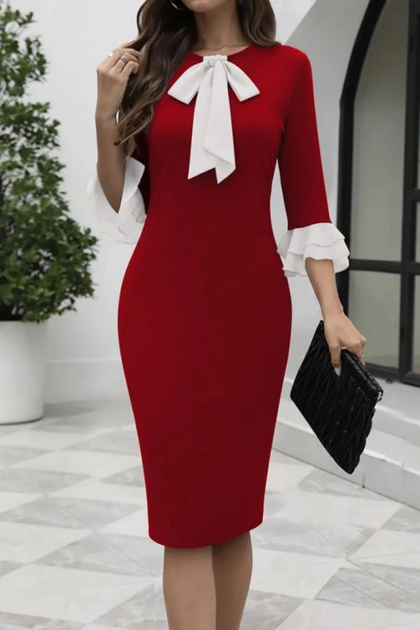 Kadın Truvakar Kollu Fiyonk Yakalı Midi Ithal Krep Elbise