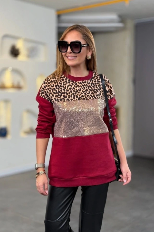 Kadın üç Iplik şardonlu Kumaş Leopar Desenli Bluz
