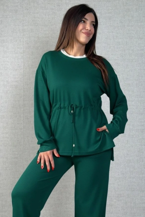 Kadın Uzun Kollu Bisiklet Yaka Belden Büzgülü Bağcıklı Viskon Iki Iplik Bluz Ve Pantolon Ikili Takım