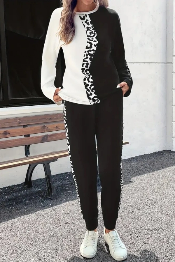 Kadın Uzun Kollu Bisiklet Yaka çift Renkli Viskon Iki Iplik Bluz Ve Pantolon Ikili Takım