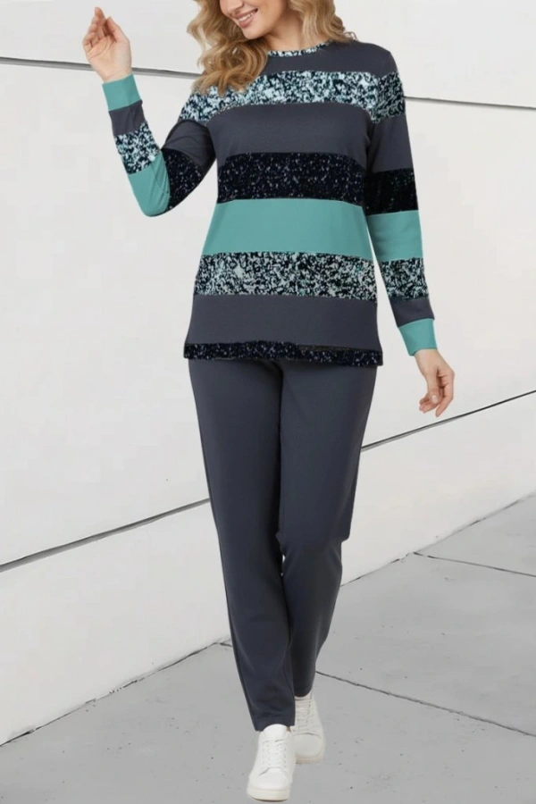 Kadın Uzun Kollu Bisiklet Yaka çizgili Desen Iki Iplik Bluz Ve Pantolon Ikili Takım