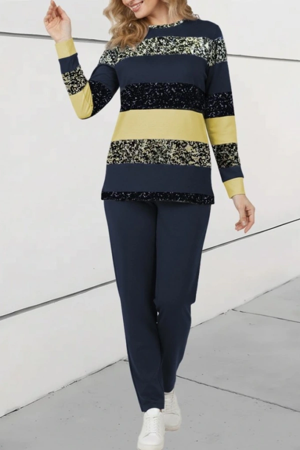 Kadın Uzun Kollu Bisiklet Yaka çizgili Desen Iki Iplik Bluz Ve Pantolon Ikili Takım