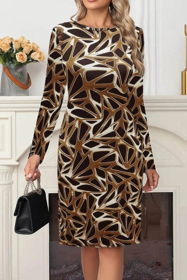 Kadın Uzun Kollu Bisiklet Yaka Desenli Dalgıç Kısa Elbise