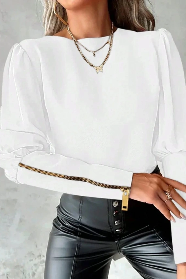 Kadın Uzun Kollu Bisiklet Yaka Fermuar Detaylı Ithal Krep Bluz