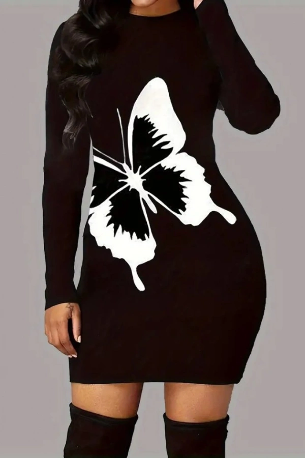 Kadın Uzun Kollu Bisiklet Yaka Kelebek Desenli Kısa Viskon Iki Iplik Elbise