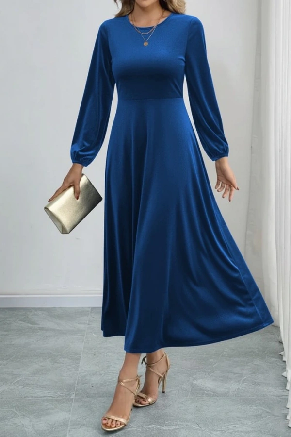 Kadın Uzun Kollu Bisiklet Yaka Midi Kadife Mavi Elbise