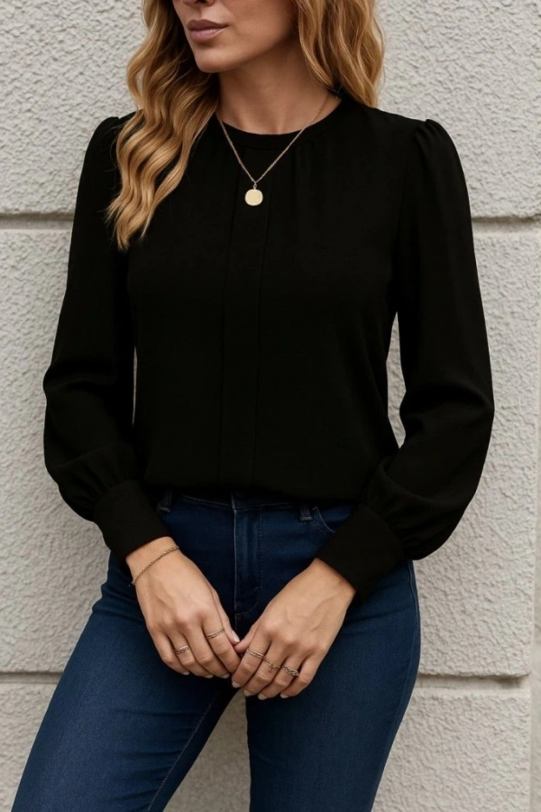 Kadın Uzun Kollu Bisiklet Yaka Pileli Ithal Krep Bluz