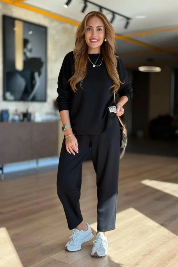 Kadın Uzun Kollu Bisiklet Yaka Viskon Iki Iplik Bluz Ve Pantolon Ikili Takım