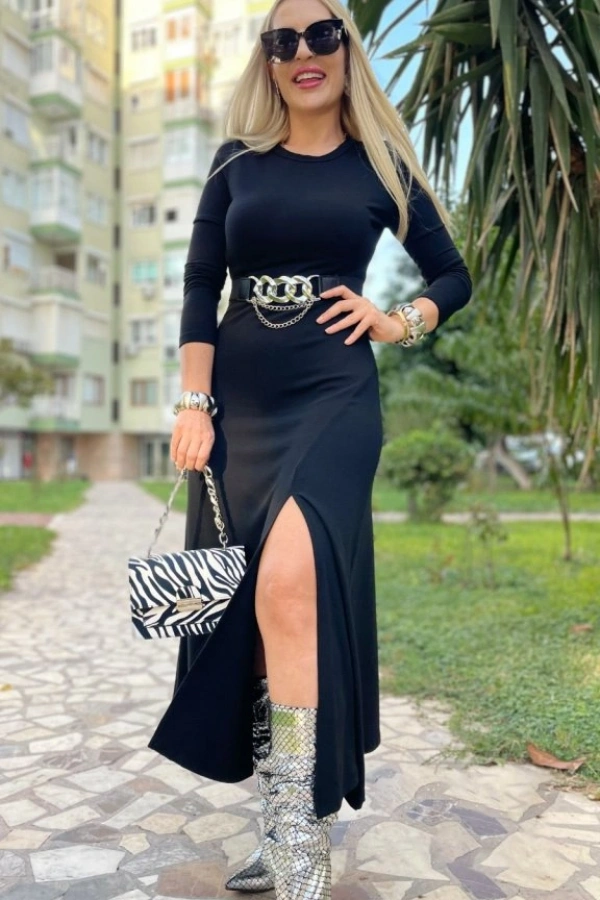 Kadın Uzun Kollu Bisiklet Yaka Yırtmaçlı Kemerli Uzun çilek Elbise