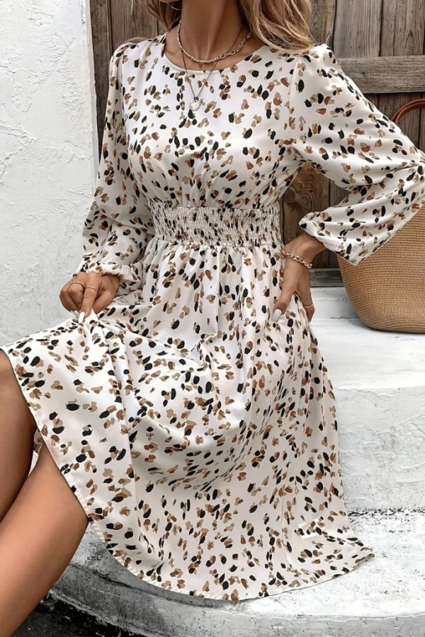 Kadın Uzun Kollu Bot Yaka Beli Lastikli Midi Süprem Elbise