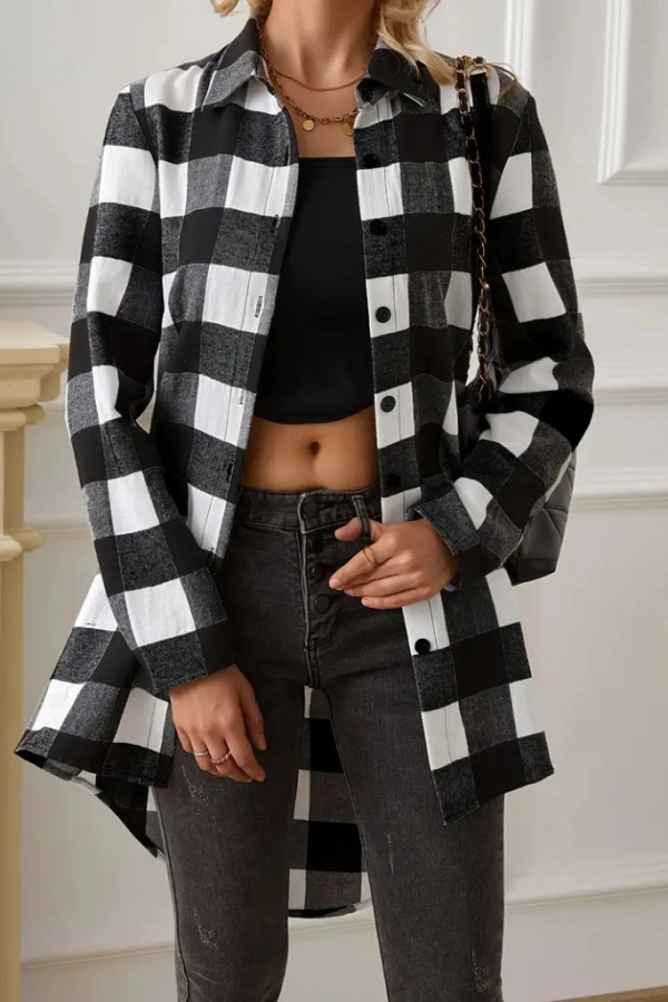 Kadın Uzun Kollu Ekoseli önden Düğmeli Dokuma Uzun Gömlek