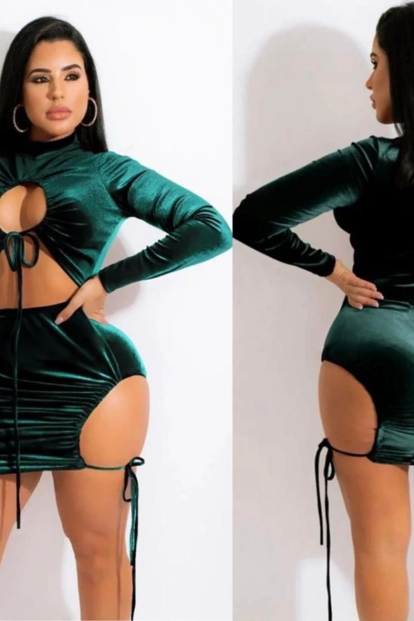 Kadın Uzun Kollu Full Dekolte Detay Kadife Kumaş Elbise