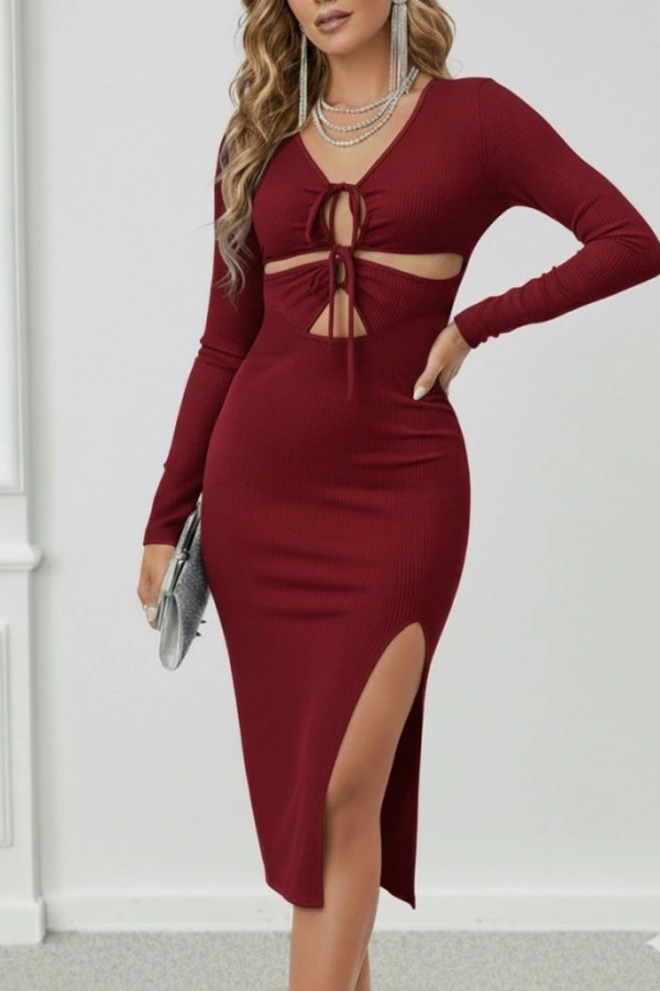 Kadın Uzun Kollu Göğüs Ve Göbek Dekolte Detay Sandy Midi Boy Elbise